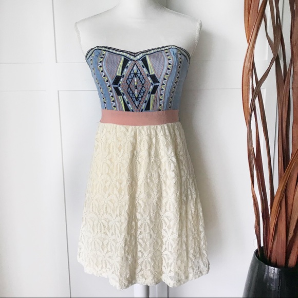 Lace and Denim Embroidered Strapless Dress - Picture 1 of 5
